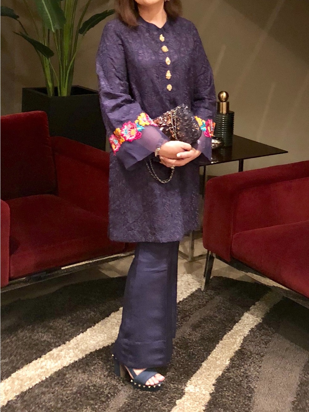 Women's Long Sleeve Embroidered Tunic Dress in Deep Navy